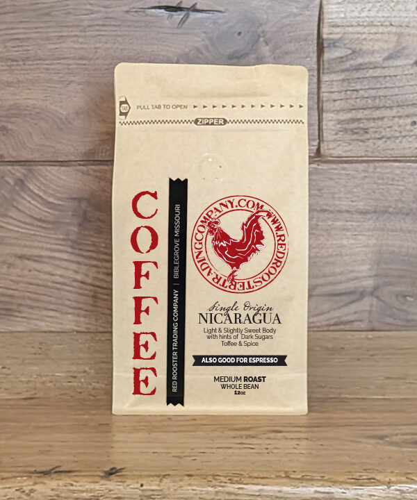 12oz bag of Single Origin Nicaragua whole bean coffee from Red Rooster Trading Company