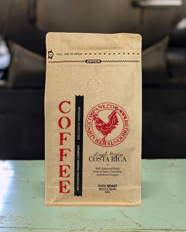 Bag of Costa Rica Single Origin dark roast specialty coffee with nut, chocolate, and brown sugar notes