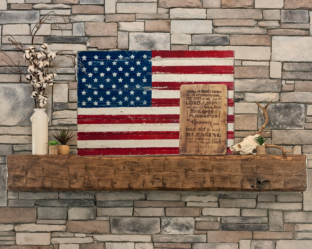 Timeless heritage home decor Rustic hand painted American flag on wood, engraved verse tables, reclaimed barnwood fireplace mantle