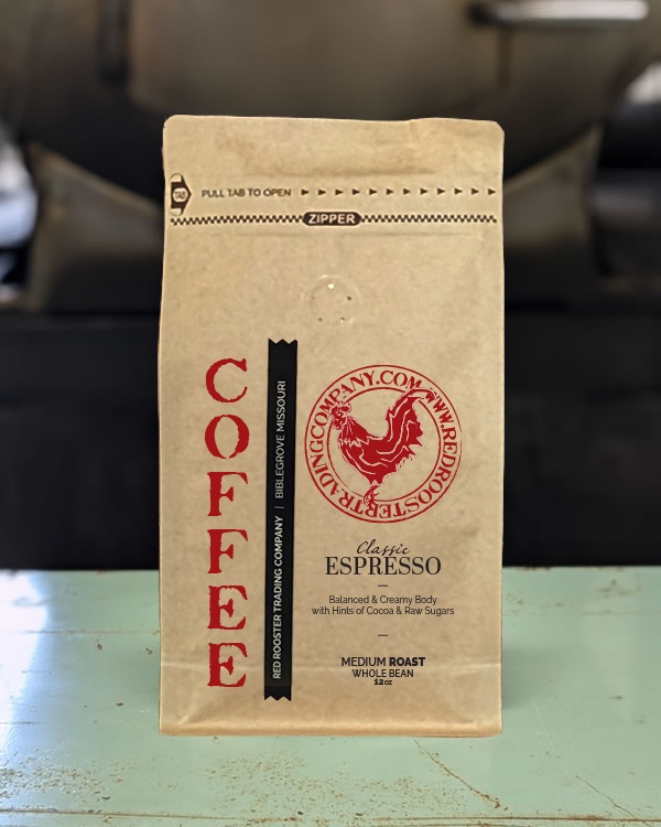 Bag of Classic Espresso whole bean specialty coffee from Red Rooster Trading Company with rich almond and dark chocolate notes