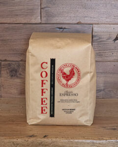 5 pound bag of Classic Espresso whole bean coffee from Red Rooster Trading Company with almond and dark chocolate notes